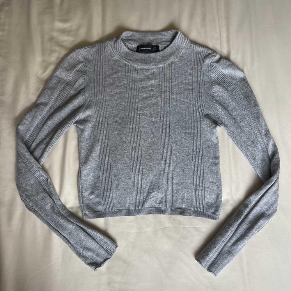 Stradivarius Long Sleeved Ribbed Top - Gray M